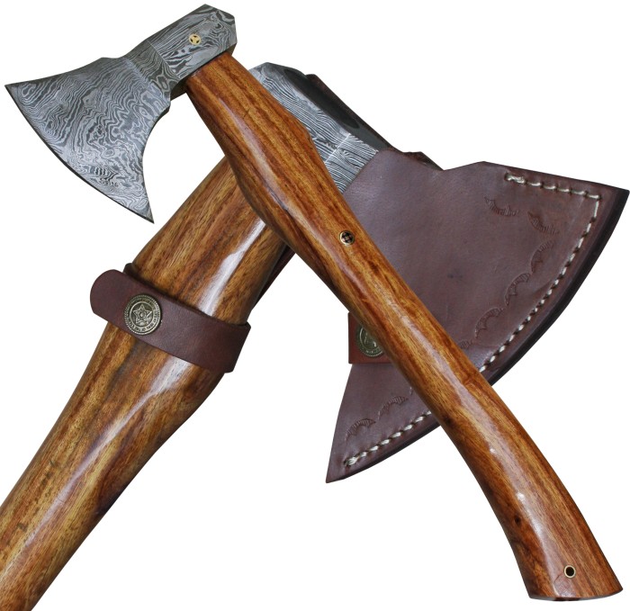 Haller, ax with Damascus blade, curved wooden handle and leather sheath
